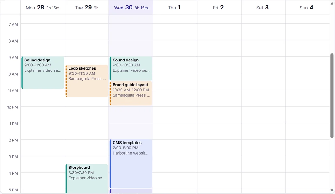 A week of tracked time on the calendar, each block labelled with its project