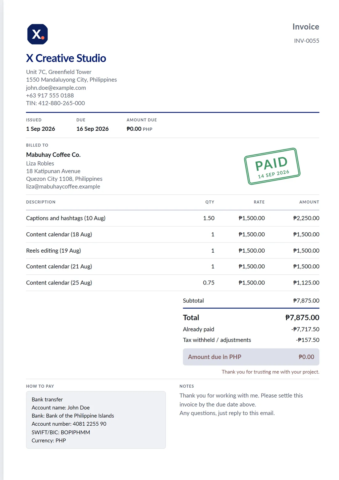 A client's copy of an invoice from X Creative Studio, stamped PAID